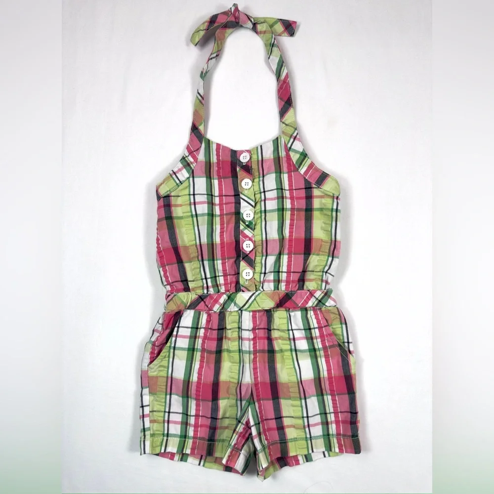 GYMBOREE Girls’ Palm Beach Paradise Line Green & Pink Plaid Halter Romper Size 4